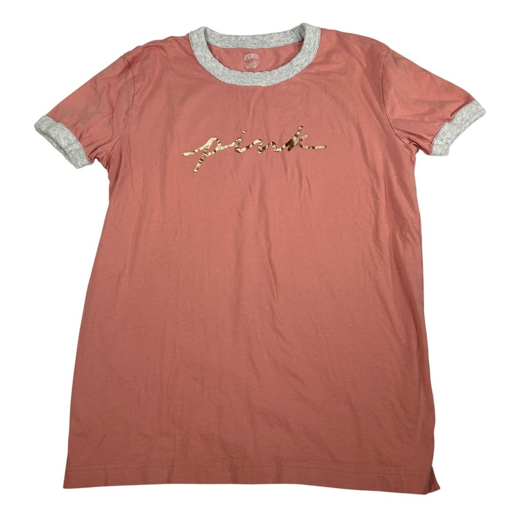 PINK Victoria's Secret Ringer T-Shirt Coral‎ Rose Gold Foil Logo XS Short Sleeve